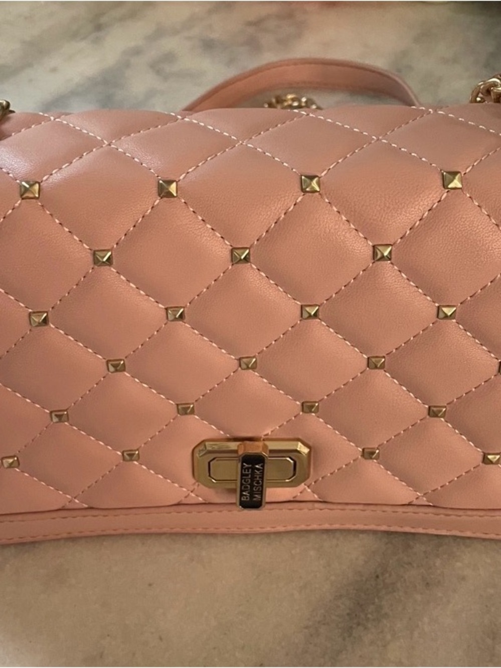 Badgley Mischka Quilted Blush Pink Leather Shoulder Bag with Gold Hardware